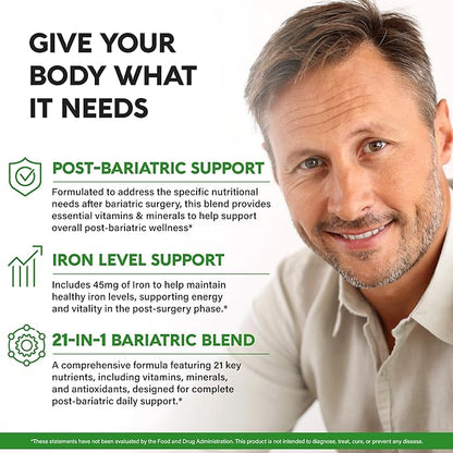 Bariatric Multivitamin - 45 mg Iron Supplements - Made in USA - for Women & Men - All-in-One, 21 Essential Vitamins - Gastric Sleeve Support - Free of Sugar, Gluten & Soy - 90 Capsules