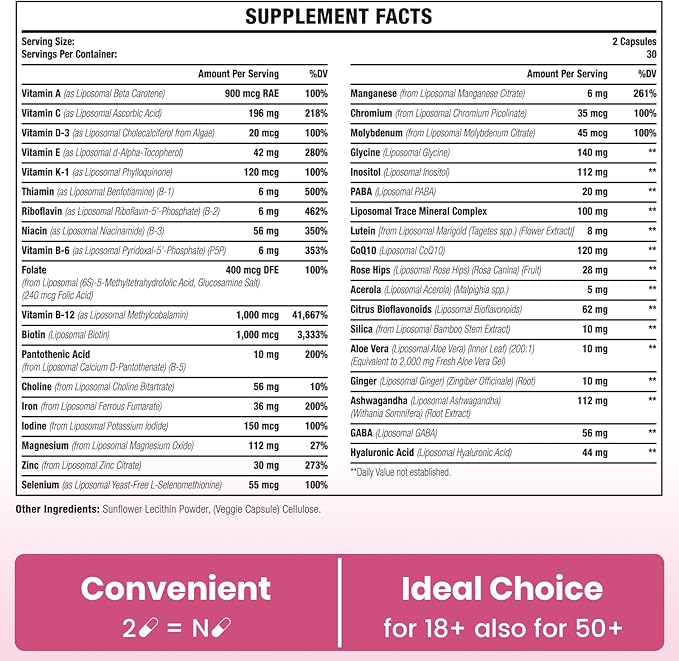 Liposomal Multivitamin for Women 1400MG - Womens Daily Multi Vitamins Supplements with Iron, Vitamin A, C, D, E and B Complex for Immune Health, Hair & Skin Support for Women 18+，120 Vegan Capsules