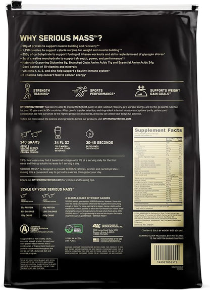 Optimum Nutrition Serious Mass, Weight Gainer Protein Powder, Mass Gainer, Vitamin C and Zinc for Immune Support, Creatine, Chocolate Peanut Butter, 12 Pound (Packaging May Vary)