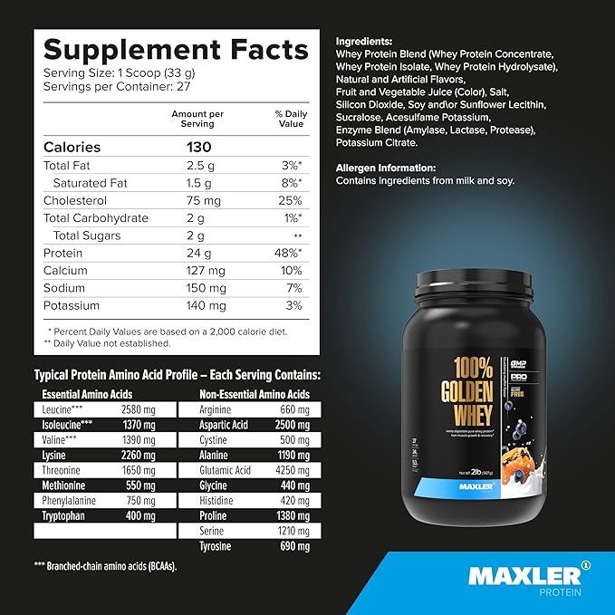 Maxler 100% Golden Whey Protein - 24g of Premium Whey Protein Powder per Serving - Pre, Post & Intra Workout - Fast-Absorbing Whey Hydrolysate, Isolate & Concentrate Blend - Blueberry Muffin 2 lbs