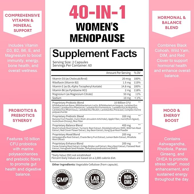 Menopause Supplements for Women, Multibenefit & Complete Black Cohosh for Hot Flashes, Night Sweats & Hormone Balance for Women, with Probiotics, DIM, Vitex, Dong Quai, Red Clover and More, 120 Caps