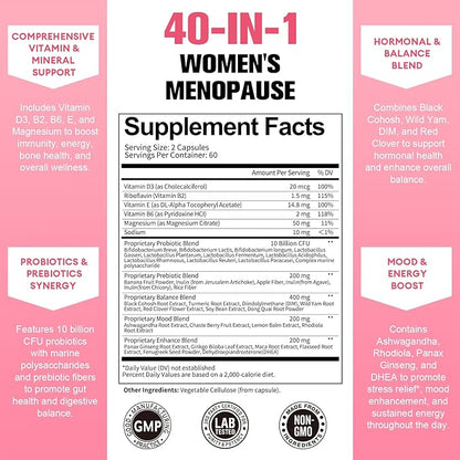 Menopause Supplements for Women, Multibenefit & Complete Black Cohosh for Hot Flashes, Night Sweats & Hormone Balance for Women, with Probiotics, DIM, Vitex, Dong Quai, Red Clover and More, 120 Caps