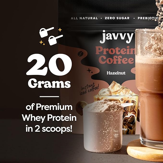 Javy Hazelnut Protein Coffee - Premium Whey Protein & Instant Iced Coffee - 100% Arabica Coffee - Zero Artificial Flavors & Sweeteners, 6 Servings