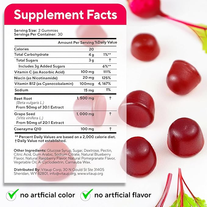 Beet Root Gummies - Cardio Beet Gummies 2600mg - Nitric Oxide Gummies with Beet Root, Grape Seed Extract, Coq10, Vitamin C & B12 - Beet Chews for Normal Blood Pressure & Heart Health – 60 Count