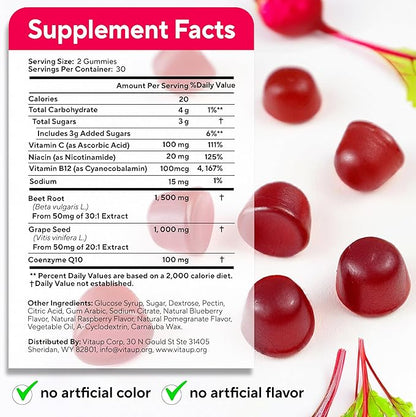 Beet Root Gummies - Cardio Beet Gummies 2600mg - Nitric Oxide Gummies with Beet Root, Grape Seed Extract, Coq10, Vitamin C & B12 - Beet Chews for Normal Blood Pressure & Heart Health – 60 Count