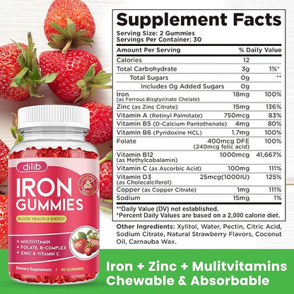 Iron Gummies with Multivitamin, Iron Supplement for Women & Men with Zinc, Vitamin B Complex & C, B12, Folate - Blood Builder & Energy Support for Adults & Kids - Strawberry Flavor, Vegan 60 Gummies