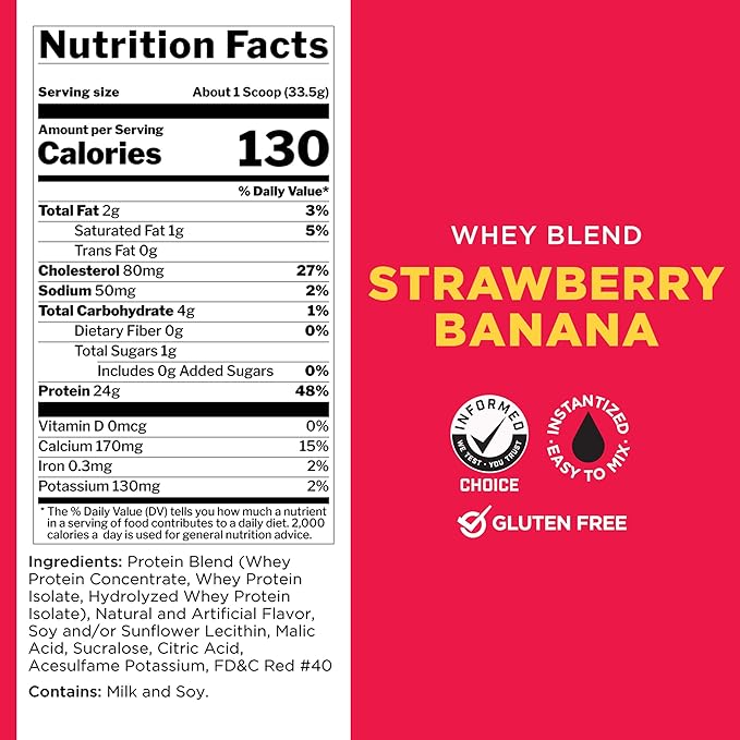 Rule One Proteins, R1 Whey Blend - 24g Fast-Acting Whey Protein Concentrates, Isolates, and Hydrolysates Per Serving, with Naturally Occurring EAAs and BCAAs (2 Pounds*, Strawberry Banana)