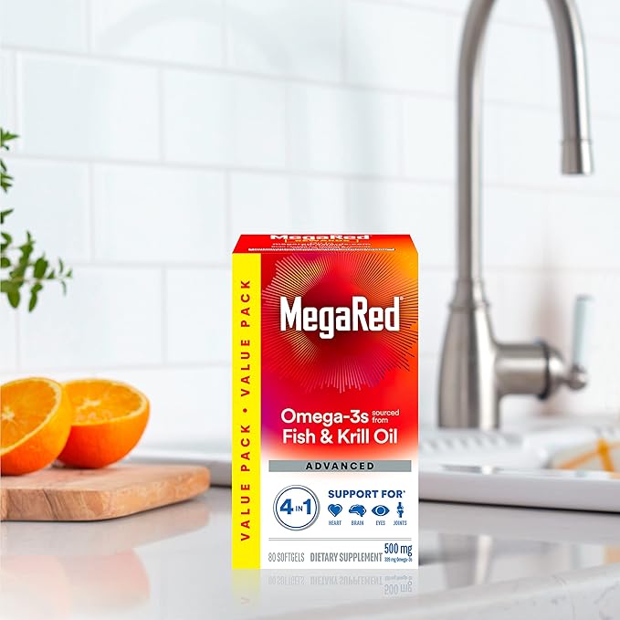 Megared Omega-3 Fish Oil + High Absorption Krill Oil 500mg Softgels, MegaRed Advanced 4in1 (80 count in a bottle) Concentrated Omega-3 Fish & Krill Oil Supplement