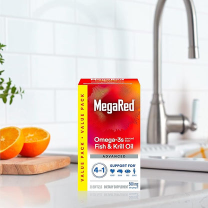 Megared Omega-3 Fish Oil + High Absorption Krill Oil 500mg Softgels, MegaRed Advanced 4in1 (80 count in a bottle) Concentrated Omega-3 Fish & Krill Oil Supplement