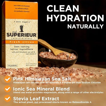 Superieur Electrolyte Powder Packets - Vegan Electrolyte Hydration Powder w/Sea Minerals - Keto Friendly, Non-GMO, Zero Sugar Electrolyte Supplement - Healthy Sports Drink - Citrus (14 Packets)