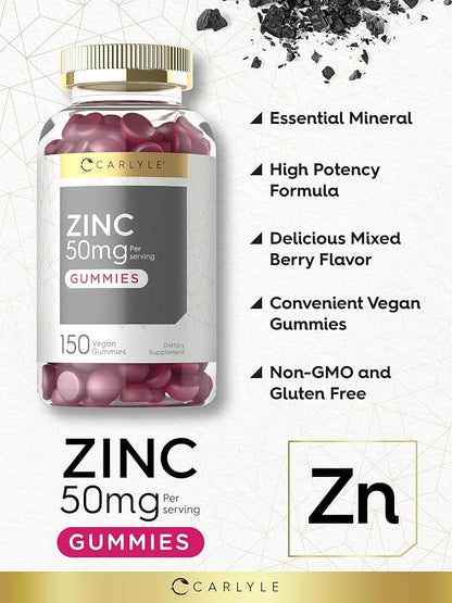 Carlyle Zinc 50mg Gummies | 150 Count | Vegan, Non-GMO and Gluten Free Formula | Zinc Citrate Dietary Supplement