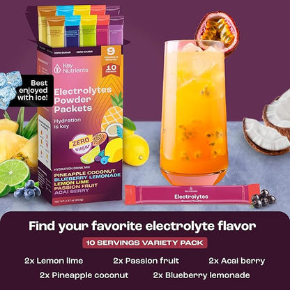 KEY NUTRIENTS Hydration Packets - 5 Delicious Flavors in Electrolytes Powder Packets No Sugar 10 Pack - No Calories, Gluten Free Electrolytes Powder Packets, Non GMO, Made in USA