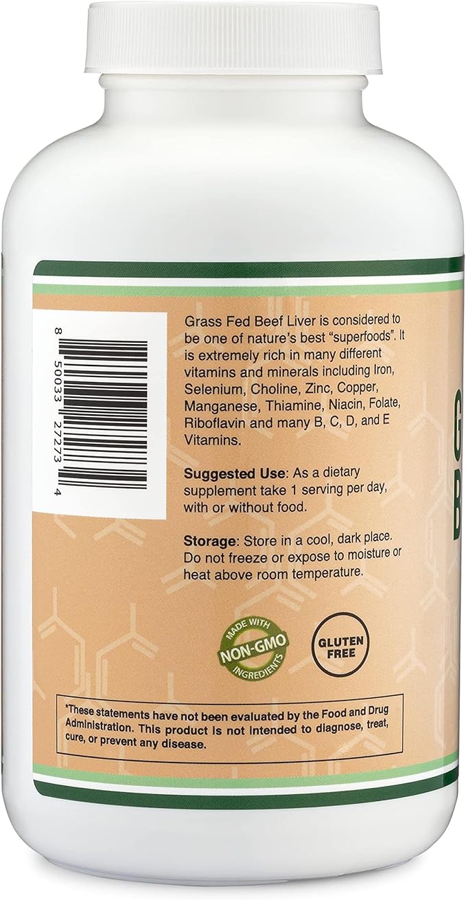 Beef Liver Capsules (1,000mg of Grass Fed, Desiccated Beef Liver per Serving, 180 Capsules, 3 Month Supply) Beef Liver Supplement for Digestion, Immune Health, Energy, and Wellness by Double Wood