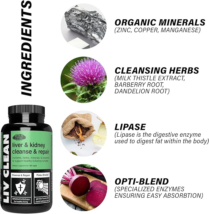 Gains in Bulk LIV Clean Liver and Kidney Cleanse & Repair | Supports Healthy Liver/Kidney Function | Fat and Toxin Reducing Beet Fiber Supplement | 60 Vegetarian Capsules