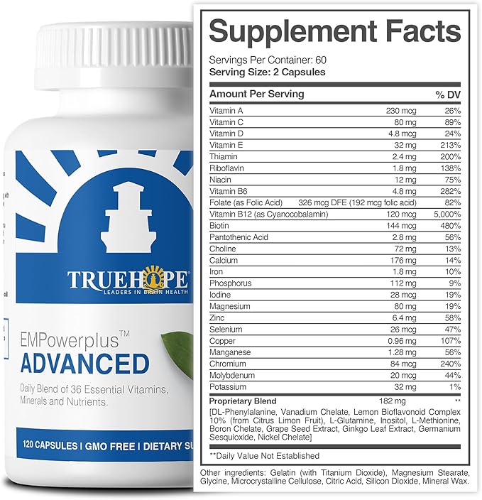 Truehope EMPowerplus Advanced Multivitamin for Women and Men - Broad-Spectrum Essential Multivitamin and Chelated Minerals to Support Cognitive Functions - Original Formulation - 120 Capsules