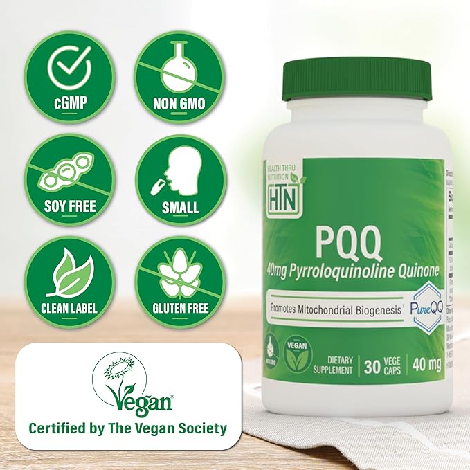 Health Thru Nutrition PQQ 40mg 30 Servings Pyrroloquinoline Quinone as PureQQ | Promotes Mitochondrial Biogenesis | Certified Vegan | Non-GMO Gluten Soy Free Capsules| Clean Label PQQ Supplement