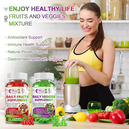 Sugar-Free Fruits and Veggies Gummies Supplement, Multi-Vitamins & Minerals in Gummies, Natural Fruits and Vegetables Supplement, Immunity & Antioxidant & Energy Supplements for Women & Men