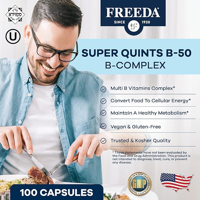 FREEDA Vitamin B Complex - Kosher Super B Complex Vitamin Supplement for Women & Men with Biotin, Vitamin B12, B1, B2, B3, B6, Folic Acid - Energy Metabolism Booster - Super Quints B-50 (250 Capsules)
