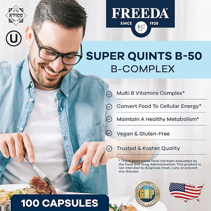 FREEDA Vitamin B Complex - Kosher Super B Complex Vitamin Supplement for Women & Men with Biotin, Vitamin B12, B1, B2, B3, B6, Folic Acid - Energy Metabolism Booster - Super Quints B-50 (250 Capsules)