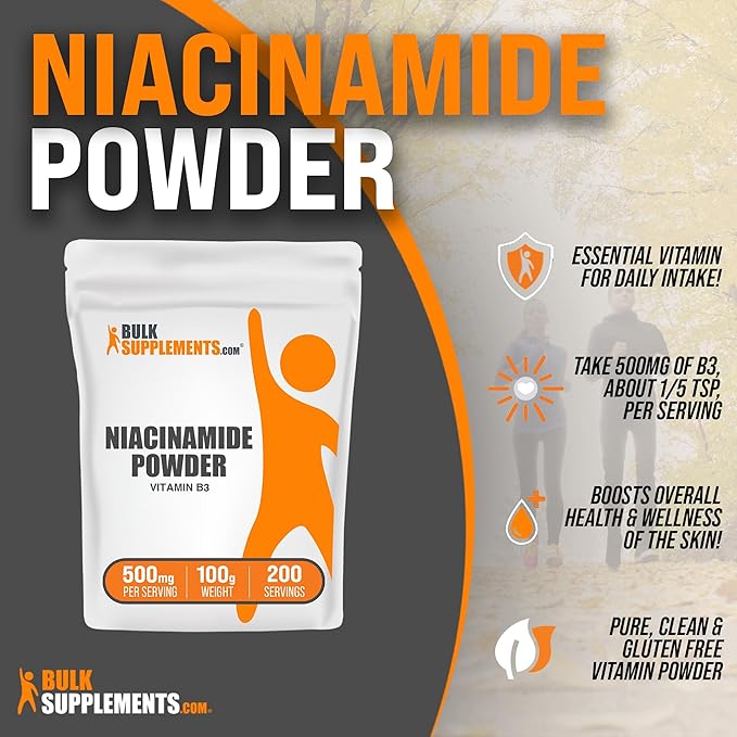 BulkSupplements.com Niacinamide Powder - Vitamin B3 Powder, Niacinamide Supplement, Niacinamide 500mg - B3 Vitamins for Skin, Gluten Free, 500mg per Serving, 100g (3.5 oz) (Pack of 1)