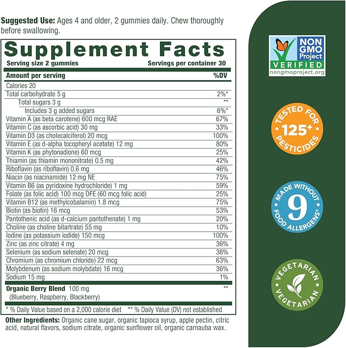 MegaFood Kids Multivitamin Gummies - Kids Vitamins - Age 4+ with Vitamin C, Vitamin D, Zinc, Choline, and Real Fruit - Brain & Immune Support - Berrylicious Flavor - 60 Gummies (30 Servings)