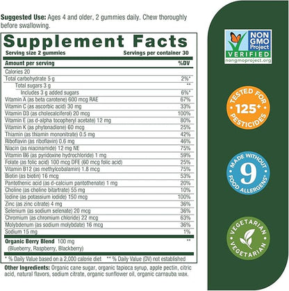 MegaFood Kids Multivitamin Gummies - Kids Vitamins - Age 4+ with Vitamin C, Vitamin D, Zinc, Choline, and Real Fruit - Brain & Immune Support - Berrylicious Flavor - 60 Gummies (30 Servings)
