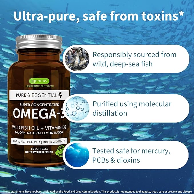 Advanced Omega-3 Wild Fish Oil & Vitamin D3 1000iu, 1-a-Day, Triglyceride Form EPA & DHA Fatty Acids, Fast-Acting rTG, Ultra Pure & Non-GMO, 60 Softgels, by Igennus