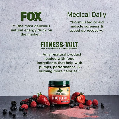 Organic Muscle Super Reds Powder - Organic Greens and Reds Superfood Powder with Organic Acai Berry, Pomegranate & Cranberry for Natural Energy & Metabolism Boost - Vegan & Non-GMO, 30 Servings