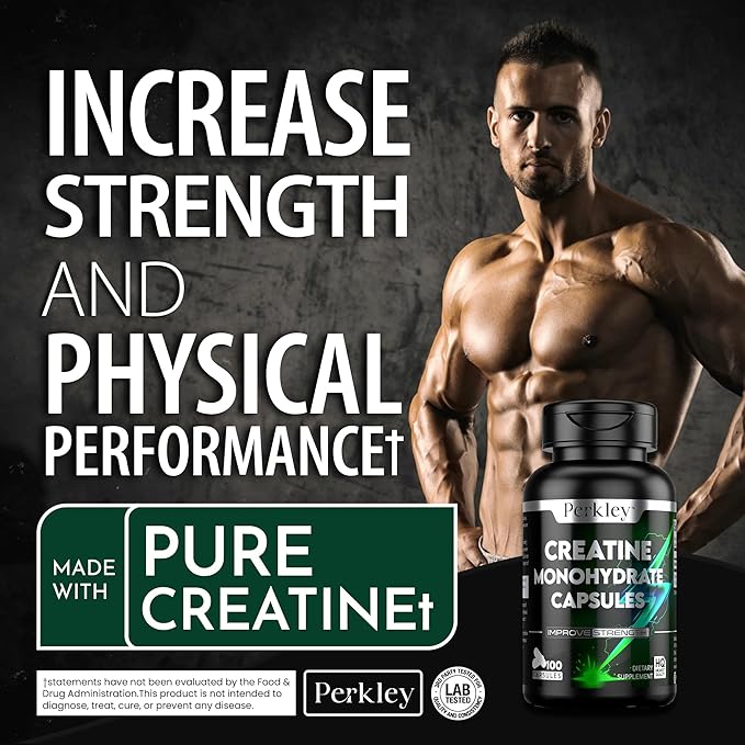 Perkley™ Creatine Monohydrate Capsules,100 Count (50 Servings) Strength, Muscle Growth & Performance Boost, Micronized Creatine for Fast Absorption, Pre- and Post-Workout Support