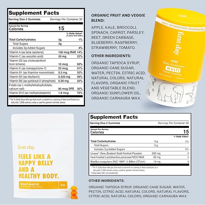 FIRST DAY Kids Daily Multivitamin + Tribiotic Gummies – Vitamin A, D3, B6, B12, C, Pre+, Post+, Probiotics & More to Support Growth, Brain Function, Immunity, Digestion – Low Sugar – 30 Day Supply