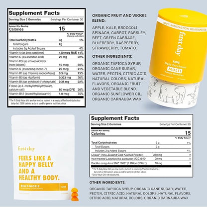 FIRST DAY Kids Daily Multivitamin + Tribiotic Gummies – Vitamin A, D3, B6, B12, C, Pre+, Post+, Probiotics & More to Support Growth, Brain Function, Immunity, Digestion – Low Sugar – 30 Day Supply