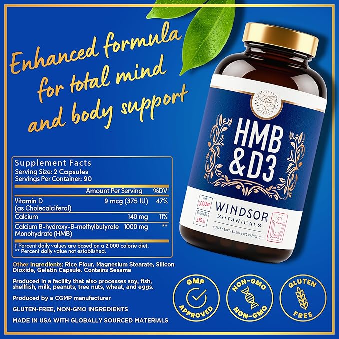 HMB and Vitamin D3 Supplement - B-Hydroxy B-Methylbutyrate 1,000 MG HMB Supplements for Men and Women Plus Calcium, Vitamin D 3 - Muscle Growth, Strength, Performance, Recovery - 90 Days, 180 Caps.