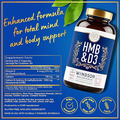 HMB and Vitamin D3 Supplement - B-Hydroxy B-Methylbutyrate 1,000 MG HMB Supplements for Men and Women Plus Calcium, Vitamin D 3 - Muscle Growth, Strength, Performance, Recovery - 90 Days, 180 Caps.