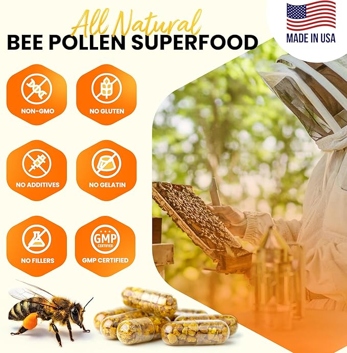 Bee pollen Supplement 100% Natural Raw Bee pollen in Veggie Caps Fermented Pollen Multivitamin, Probiotic Superfood, Vital Proteins, Amino Acids, Immune Support &Energy 60 Pollen Capsules