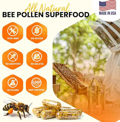 Bee pollen Supplement 100% Natural Raw Bee pollen in Veggie Caps Fermented Pollen Multivitamin, Probiotic Superfood, Vital Proteins, Amino Acids, Immune Support &Energy 60 Pollen Capsules