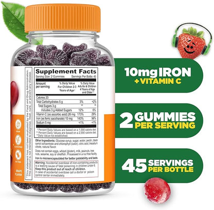 Iron Supplements for Kids | 10mg | with Vitamin C | Great Tasting Iron Gummies for Kids | Vegan Non GMO Kids Iron | for Immune Health and Iron Deficiency | 90 Gummies | Lifeable