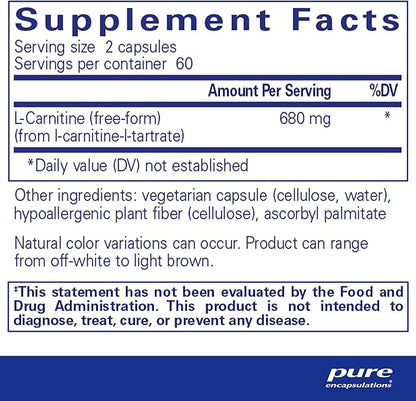 Pure Encapsulations L-Carnitine | Hypoallergenic Supplement for Cardiovascular and Endurance Support | 120 Capsules