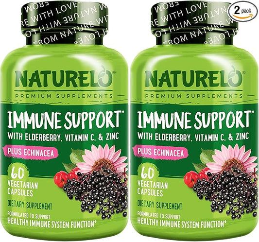 NATURELO Immune Support – Vitamin C, Elderberry, Zinc, Echinacea – Natural Immunity Boost w/Antioxidant, Herbal & Mineral Defense - Twin Pack - 120 Vegan Capsules