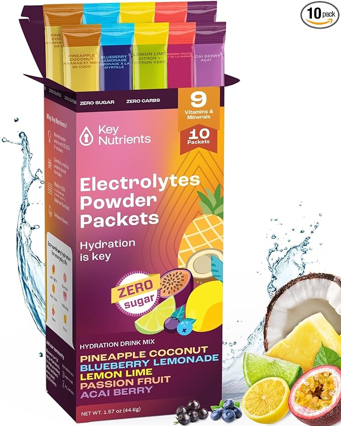 KEY NUTRIENTS Hydration Packets - 5 Delicious Flavors in Electrolytes Powder Packets No Sugar 10 Pack - No Calories, Gluten Free Electrolytes Powder Packets, Non GMO, Made in USA