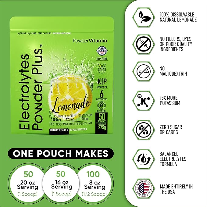 Electrolytes Powder Plus (50 Servings), 0 Calorie Keto, 0 Sugar, No Maltodextrin,1000mg Potassium,120mg Calcium,120mg Magnesium, Hydration Powder (50 Servings, Lemonade)