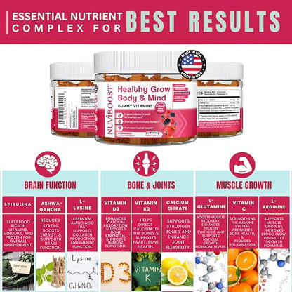 Healthy Grow Height Growth Gummies Rich in Calcium, Vitamins C, D3, K2, L-Arginine, Ashwagandha, and Others, Boost Bone Health & Immunity, Multivitamin, for Kids 5+, Teens and Adults.