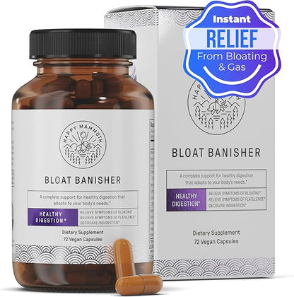Happy Mammoth Bloat Banisher Natural Relief for Bloating, Gas, Indigestion & Discomfort. Promotes Healthy Digestion of Even Difficult Foods Like Dairy, Breads, Pizza, Cheese & Meats. 72 Caps