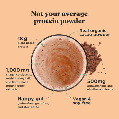 Four Sigmatic Organic Plant-Based Protein Powder Creamy Cacao Protein with Lion’s Mane, Chaga, Cordyceps and More | Clean Vegan Protein Elevated for Brain Function and Immune Support | 21.16 oz