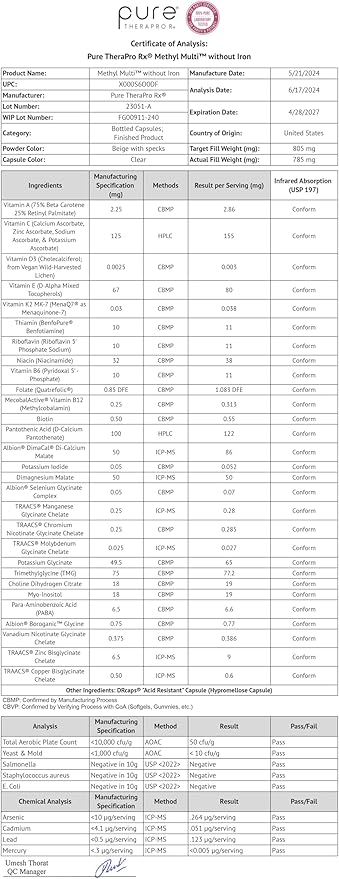 Methyl Multi Without Iron Methylated Multivitamin for Men & Women, 120-Day Supply | Methyl B12 & Methylfolate (5-MTHF) for MTHFR Support | Pharma Grade Multivitamin & Multimineral For Health, 240 Caps
