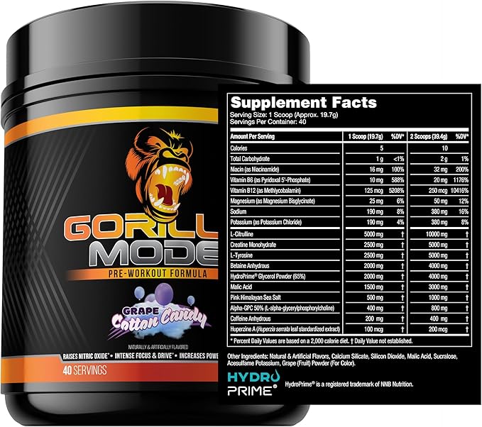 Gorilla Mode Pre Workout - Massive Pumps · Laser Focus · Energy · Power - L-Citrulline, Creatine, L-Tyrosine, Betaine, Hydroprime®, Alpha-GPC, 400mg Caffeine, Huperzine A – 786g (Cotton Candy Grape)