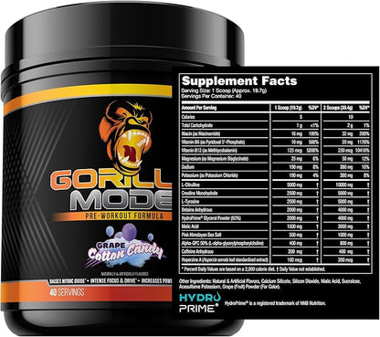 Gorilla Mode Pre Workout - Massive Pumps · Laser Focus · Energy · Power - L-Citrulline, Creatine, L-Tyrosine, Betaine, Hydroprime®, Alpha-GPC, 400mg Caffeine, Huperzine A – 786g (Cotton Candy Grape)