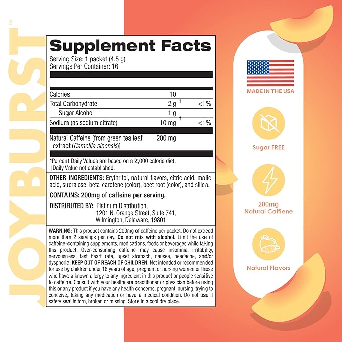 Energy Drink Mix, Natural Caffeine (200mg) for Sustained, Jitter Free Energy, On-The-Go Natural Energy Drink Powder, Sugar Free - 16 x 4g Energy Sticks (Peach Mango)