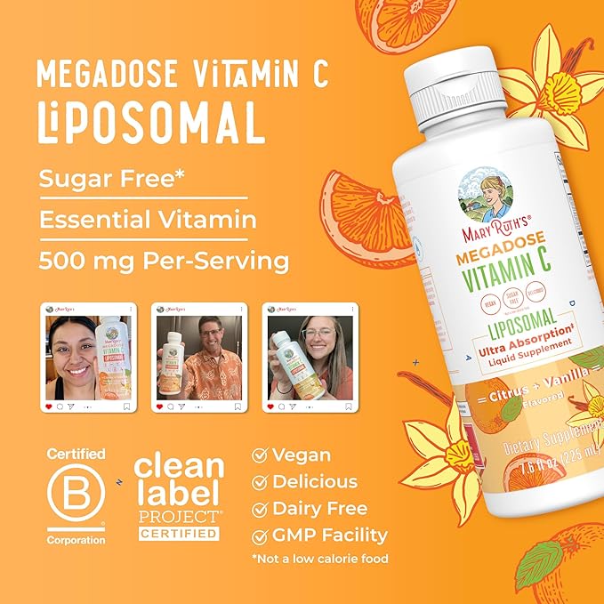MaryRuth Organics Liposomal Vitamin C | Immune Support Supplement | Megadose Vitamin C Supplement 500mg | Skin Care | Liquid Vitamin C | Vitamin E | Vegan | Non GMO | 30 Servings