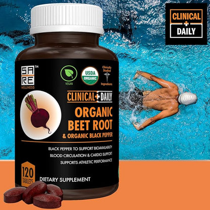 Clinical Daily USDA Organic Beet Root Powder Tablets for Fast Dissolution. 1350mg Beets Blood Circulation Supplements Support Blood Pressure, Energy, High Athletic Performance. Non-GMO 120 Beet Pills