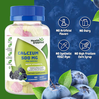Calcium 500mg with Vitamin D3 1000 IU Gummies | Daily Dietary Supplement | Bone Strength, Growth, Teeth | for Adults, Teens, Kids | Great Tasting Natural Berry Flavor Vitamin Gummy